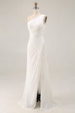 One Shoulder Ivory Ruched Engagement Dress with Slit