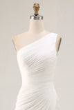 One Shoulder Ivory Ruched Engagement Dress with Slit