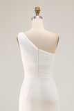 One Shoulder Ivory Ruched Engagement Dress with Slit