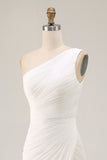 One Shoulder Ivory Ruched Engagement Dress with Slit