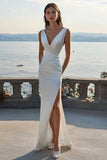 Ivory Sheath V-Neck Engagement Dress with Slit