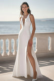A Line Ivory V-Neck Long Engagement Dress with Slit