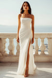 Strapless Ivory Sheath Engagement Dress with Slit