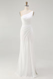 Ivory One Shoulder A Line Engagement Dress with Slit