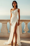 Ivory One Shoulder A Line Engagement Dress with Slit