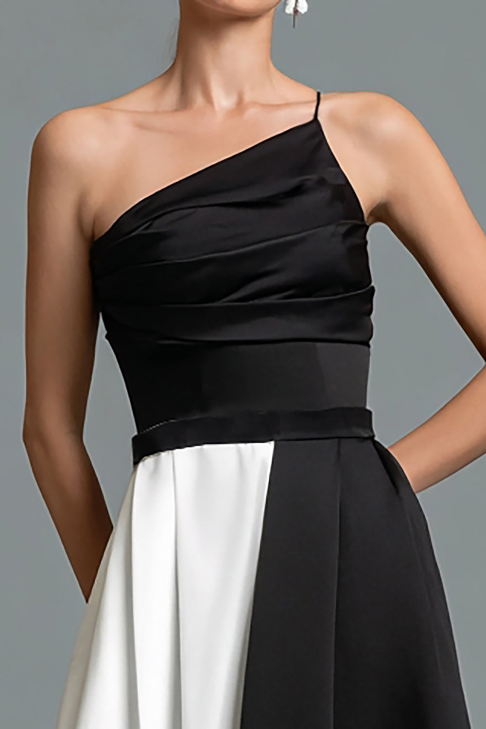 A Line One Shoulder Black and White Formal Dress