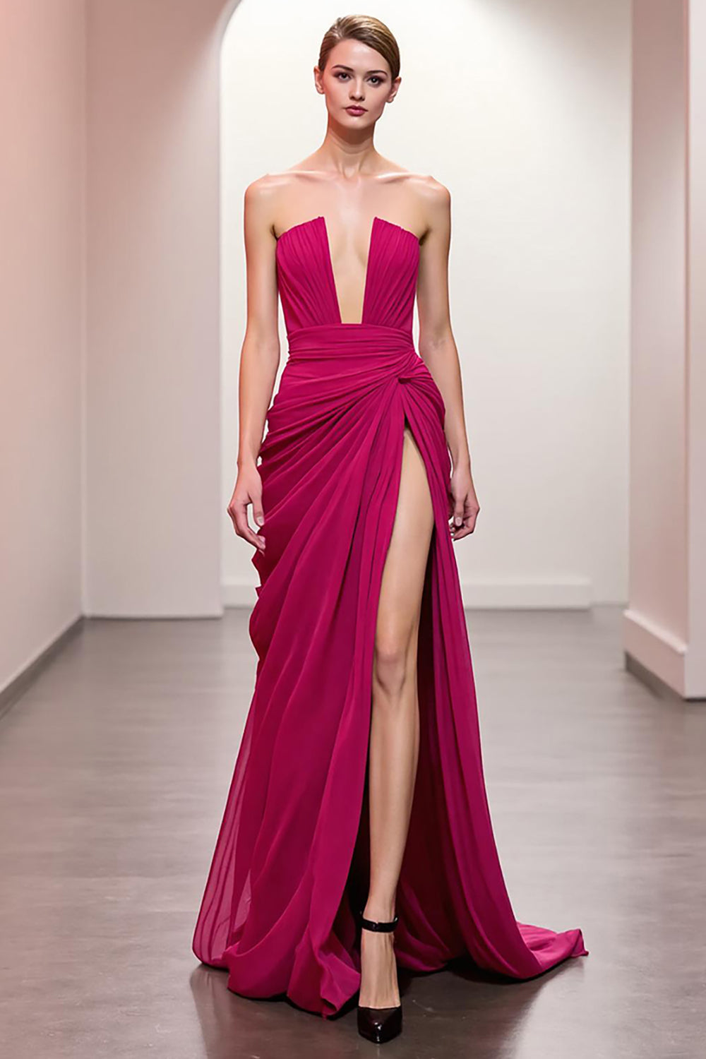 Pink Ruched Strapless Evening Dress with Slit