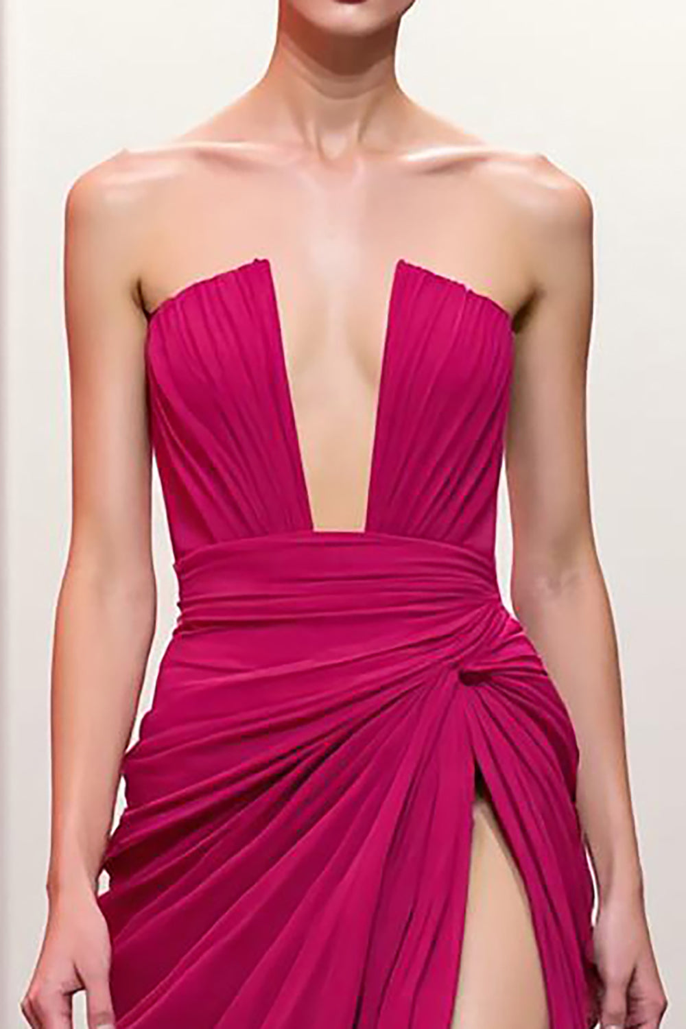 Pink Ruched Strapless Evening Dress with Slit