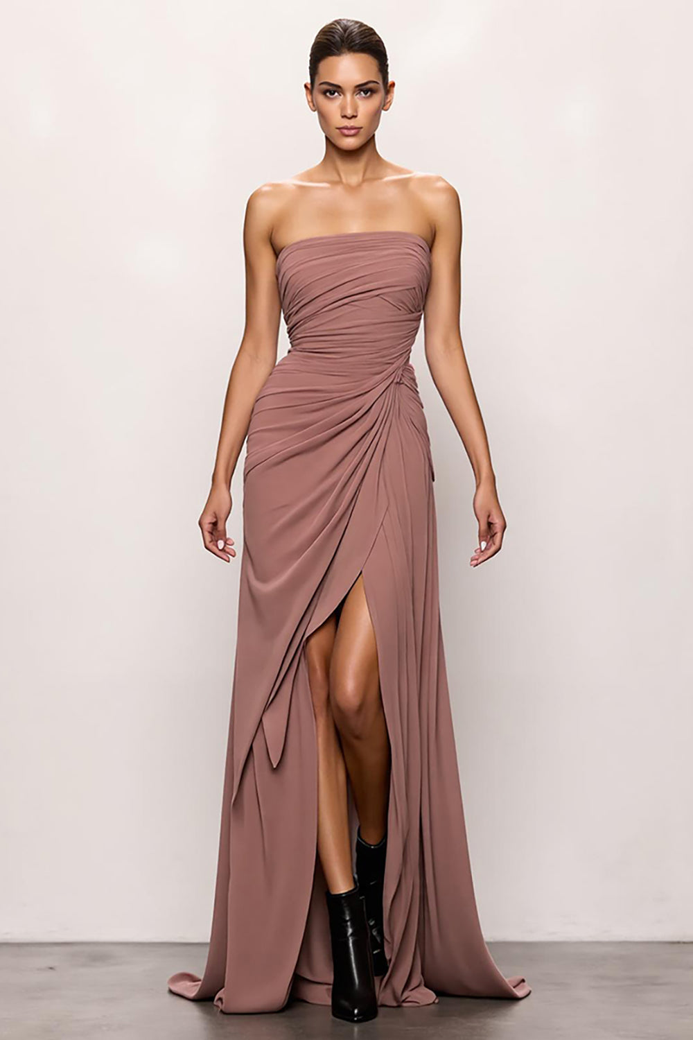 Strapless Blush Backless Ruched Long Evening Dress with Slit