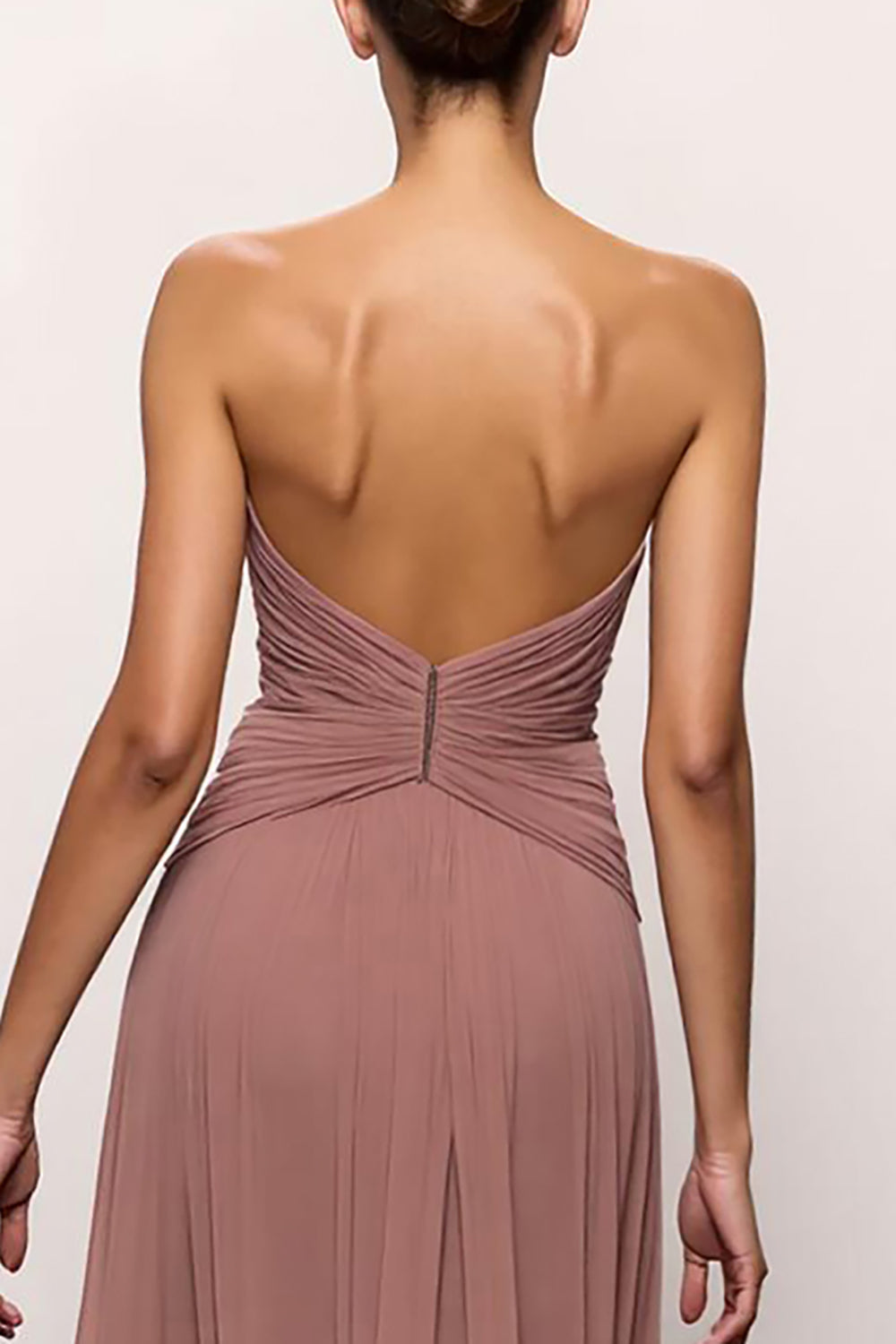 Strapless Blush Backless Ruched Long Evening Dress with Slit