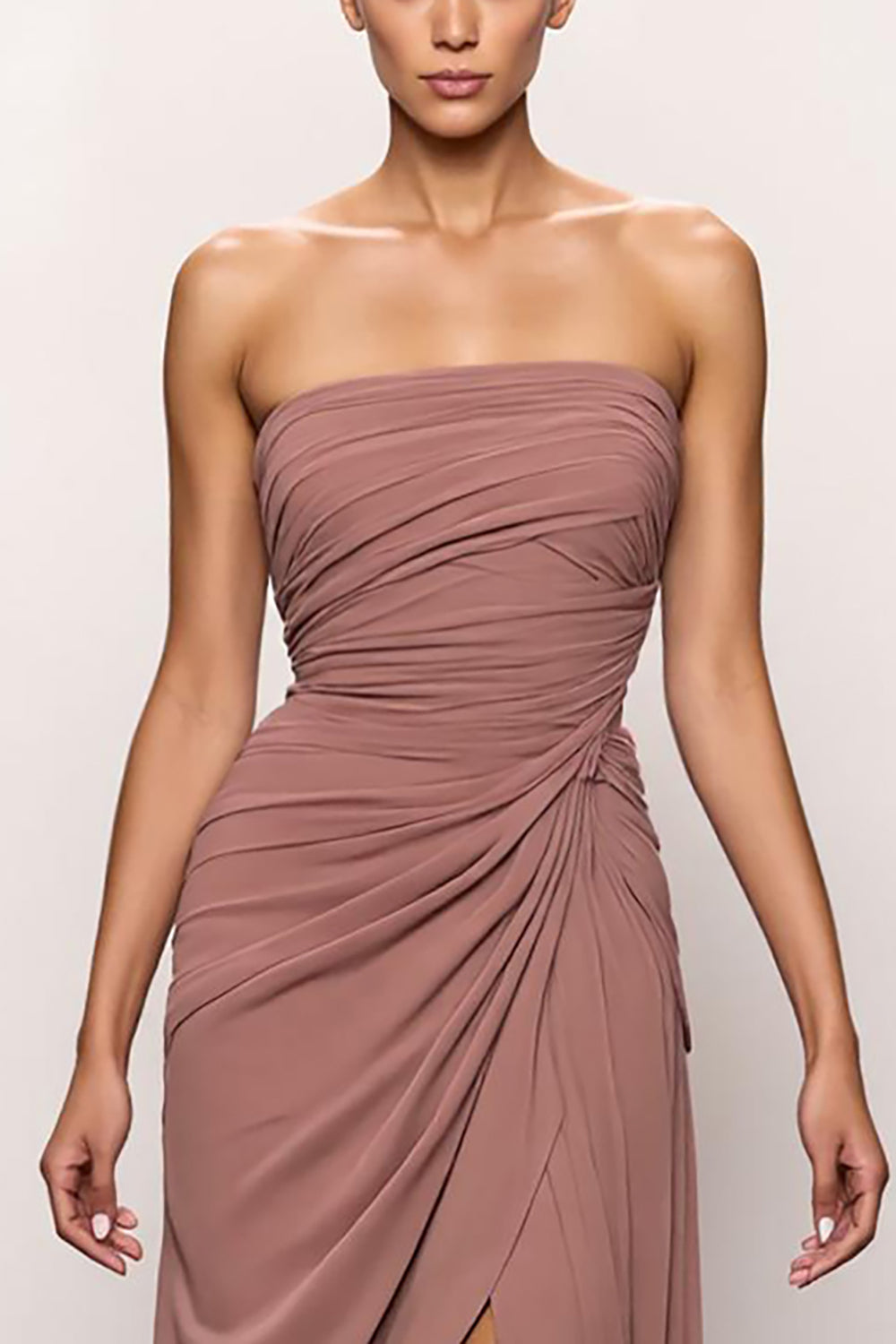 Strapless Blush Backless Ruched Long Evening Dress with Slit
