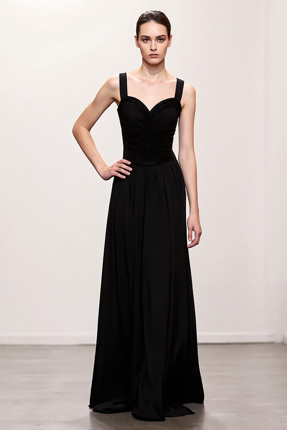 Black Sheath Ruched Straps Long Evening Dress