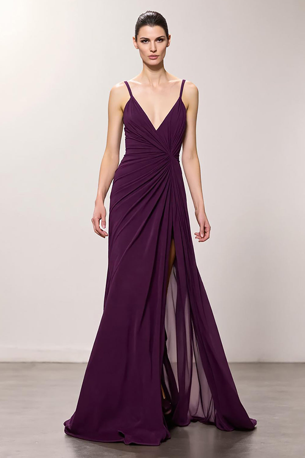 Purple V-Neck Ruched Sheath Long Evening Dress with Slit