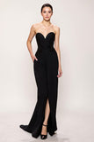 Sweetheart Simple Black Sheath Long Evening Dress with Slit