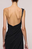 Sheath Black Backless One Shoulder Long Evening Dress