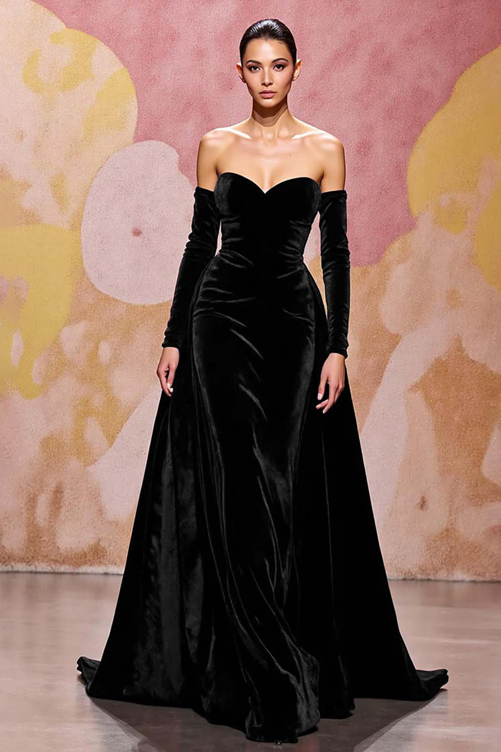 Off The Shoulder Velvet Dark Red A Line Long Evening Dress