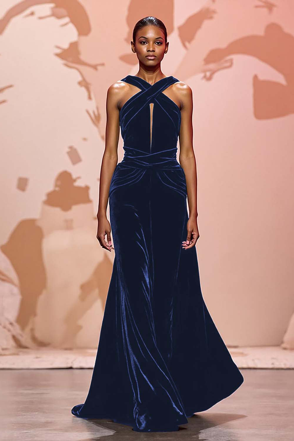 Simple Black Velvet Long Keyhole Evening Dress