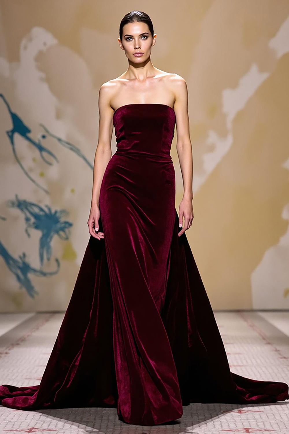 Velvet Dark Red A Line Strapless Long Evening Dress