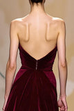Velvet Dark Red A Line Strapless Long Evening Dress