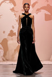 Simple Black Velvet Long Keyhole Evening Dress