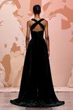 Simple Black Velvet Long Keyhole Evening Dress