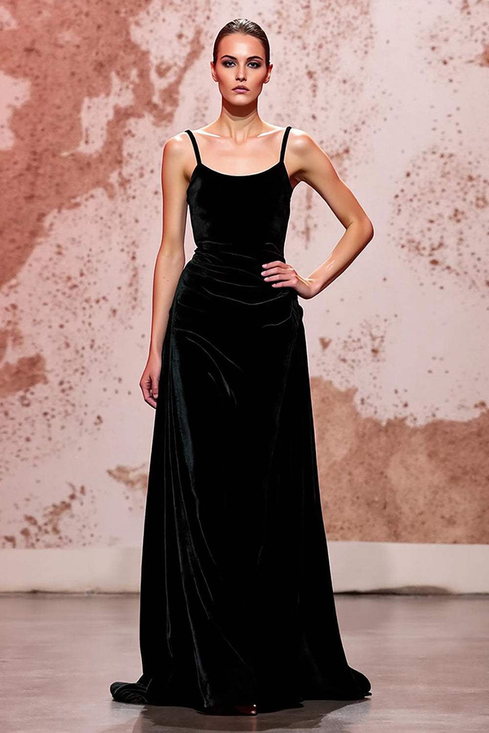 Simple Black Velvet Long Spaghetti Straps Evening Dress