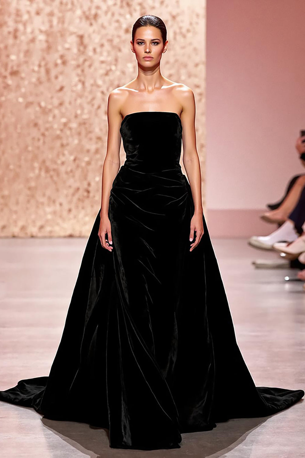 Simple Velvet Black Strapless A Line Long Evening Dress