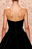 Simple Velvet Black Strapless A Line Long Evening Dress