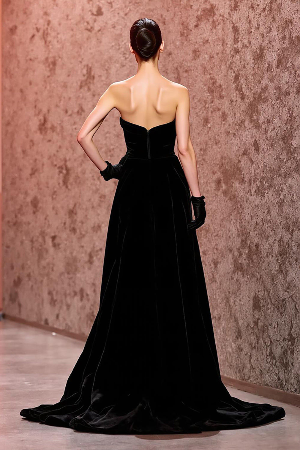 Simple Black Velvet Long Strapless Evening Dress with Slit