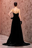 Simple Black Velvet Long Strapless Evening Dress with Slit