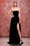 Velvet Simple Black Long Strapless Evening Dress with Slit