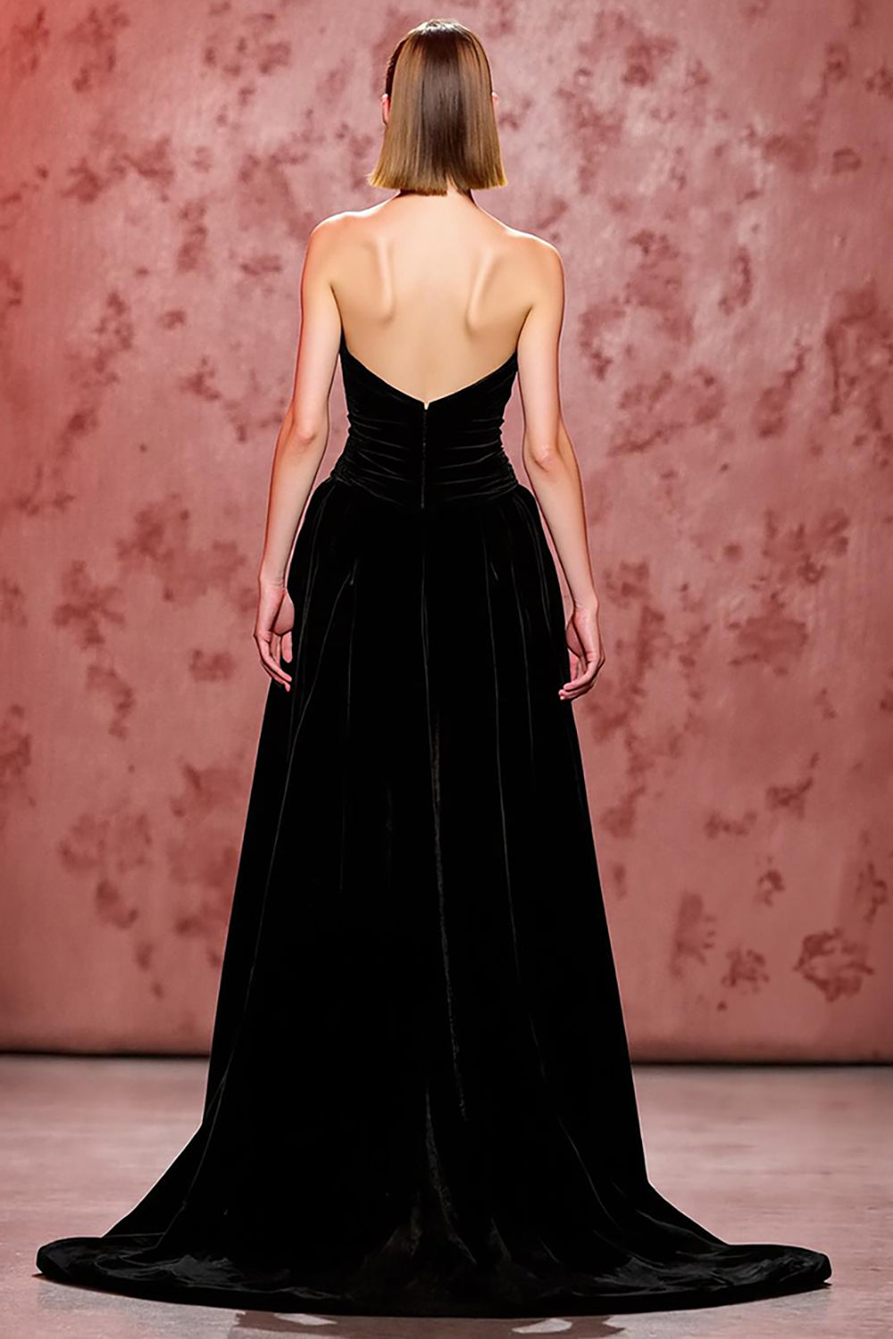 Velvet Simple Black Long Strapless Evening Dress with Slit