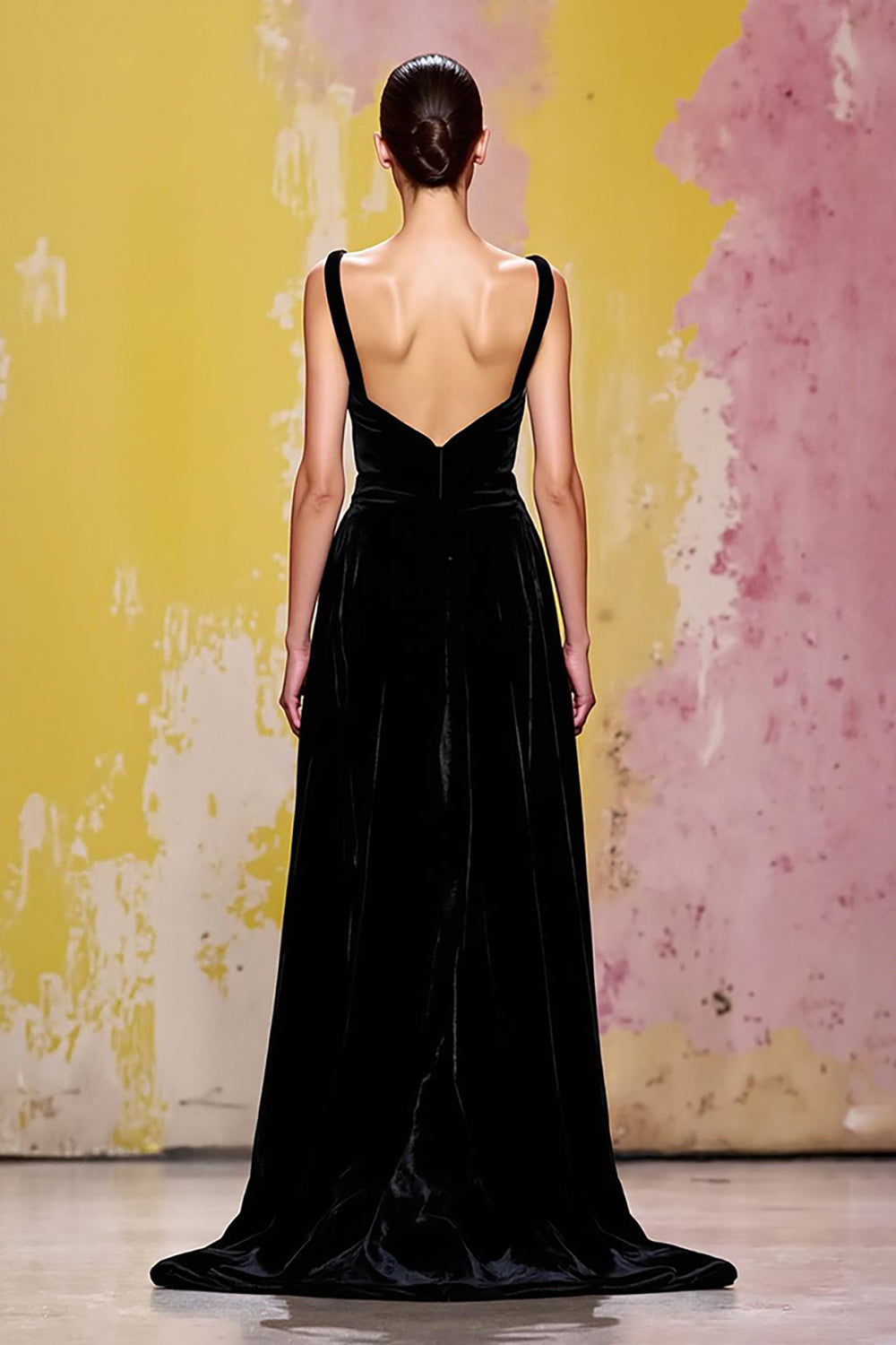 Velvet Simple Black Long Sheath Evening Dress