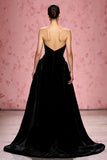 Simple Black A Line Velvet Strapless Long Evening Dress with Slit