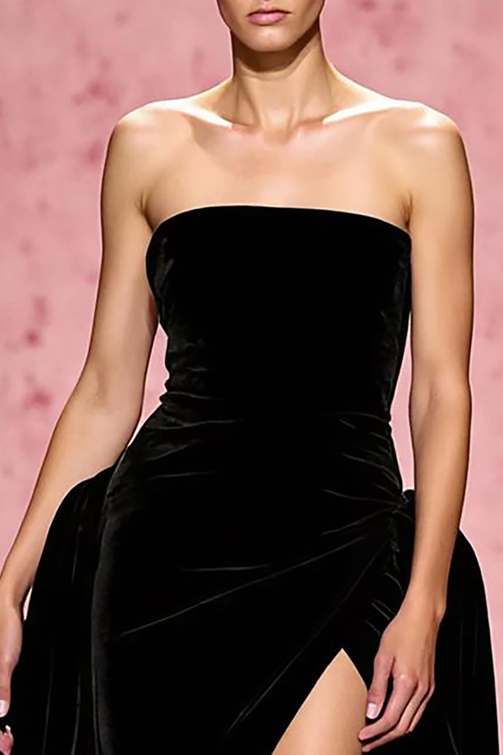 Simple Black A Line Velvet Strapless Long Evening Dress with Slit