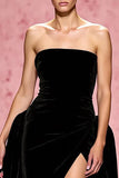 Simple Black A Line Velvet Strapless Long Evening Dress with Slit