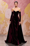 Off The Shoulder Velvet Dark Red A Line Long Evening Dress