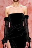 Velvet Black A Line Strapless Long Evening Dress with Slit