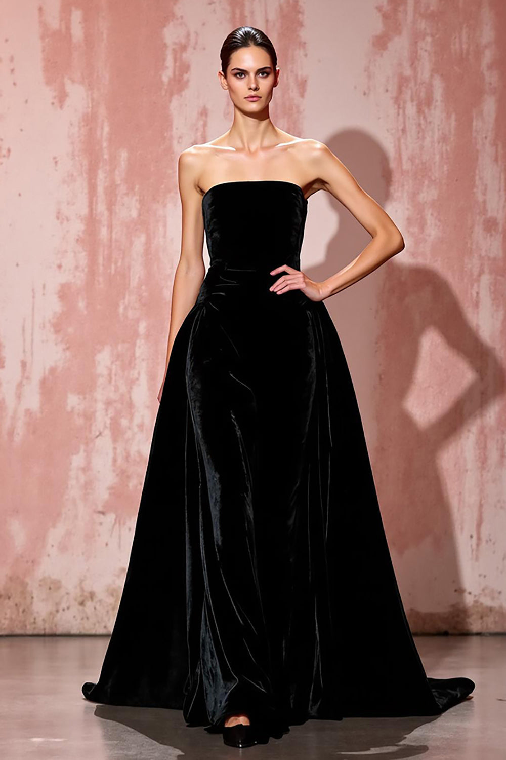 Simple Black Strapless A Line Velvet Evening Dress