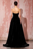 Simple Black Strapless A Line Velvet Evening Dress