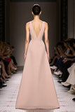 A-Line Champagne V-Neck Satin Evening Dress with Slit