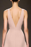 A-Line Champagne V-Neck Satin Evening Dress with Slit