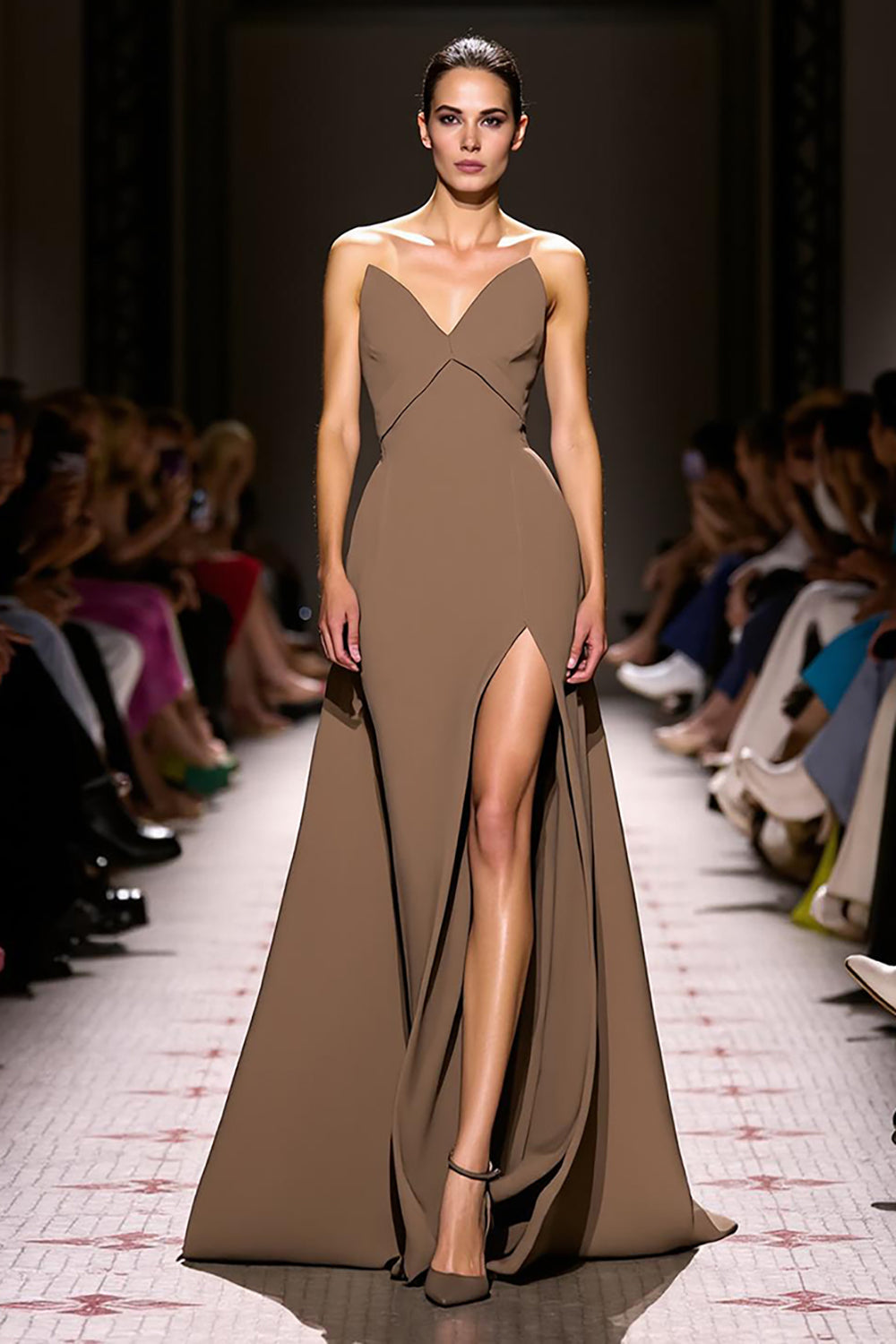 Coffee A-Line V-Neck Satin Evening Dress with Slit