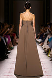 Coffee A-Line V-Neck Satin Evening Dress with Slit