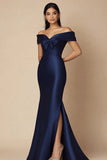 Off the Shoulder Navy Mermaid Satin Evening Dress with Slit