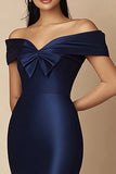 Off The Shoulder Navy Mermaid Evening Dress With Slit