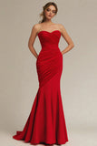 Strapless Matte Satin Red Pleated Mermaid Evening Dress