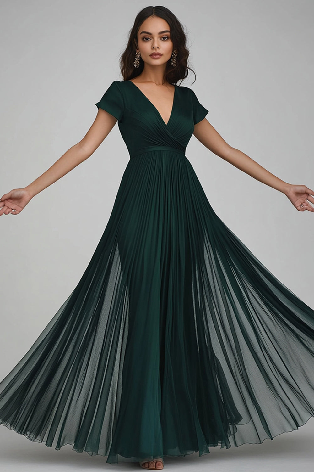 V Neck Dark Green Chiffon A Line Evening Dress