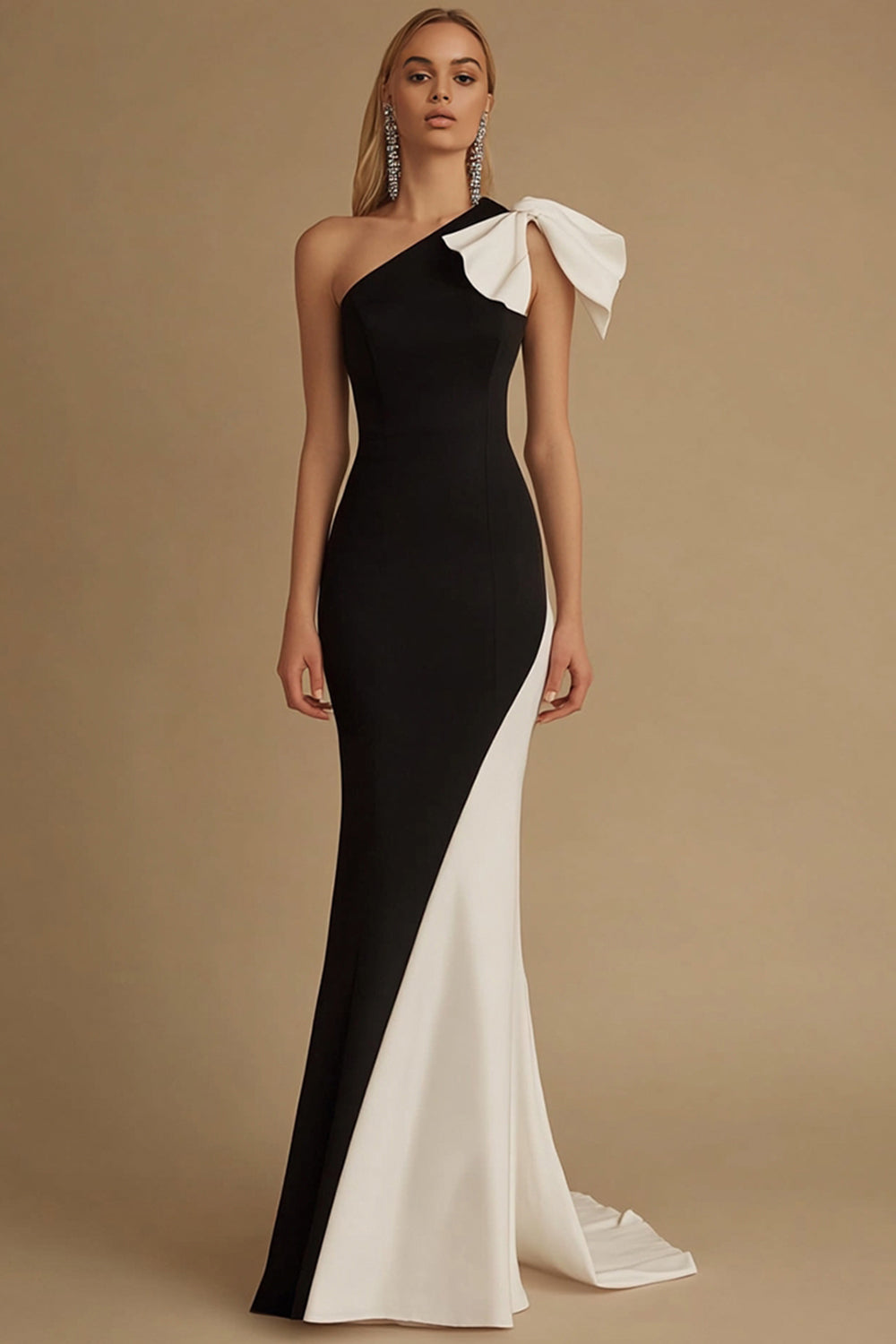 One Shoulder Black Mermaid Long Evening Dress With Bow