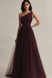 Burgundy A Line One Shoulder Long Evening Dress